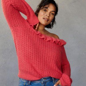 NWT Anthropologie Ruffled Boat Neck Pink Sweater - Size: XL